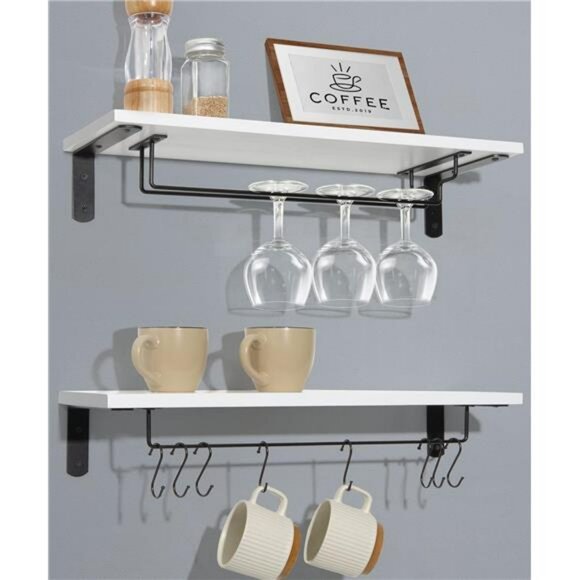 Coffee bar wall shelf set of 2 with hooks floating mug rack wine glass holder - Picture 1 of 7